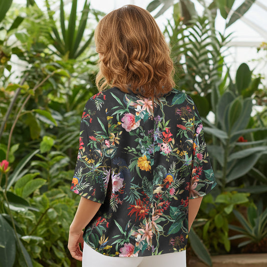 Women Casual Blouse Elbow Sleeves Round Neck Button-Back 100% Lyocell Black Aloha Tropical Midnight Charm