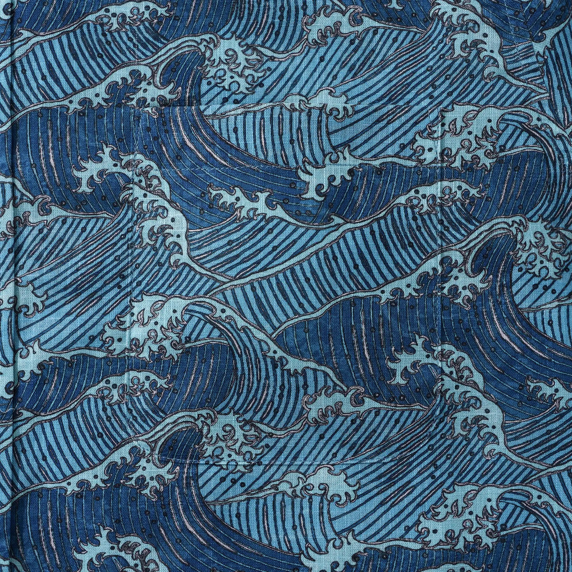 Men's Hawaiian Shirt Long Sleeve Button-down 100% Cotton Blue Aloha Surging Waves Of Ukiyo-e