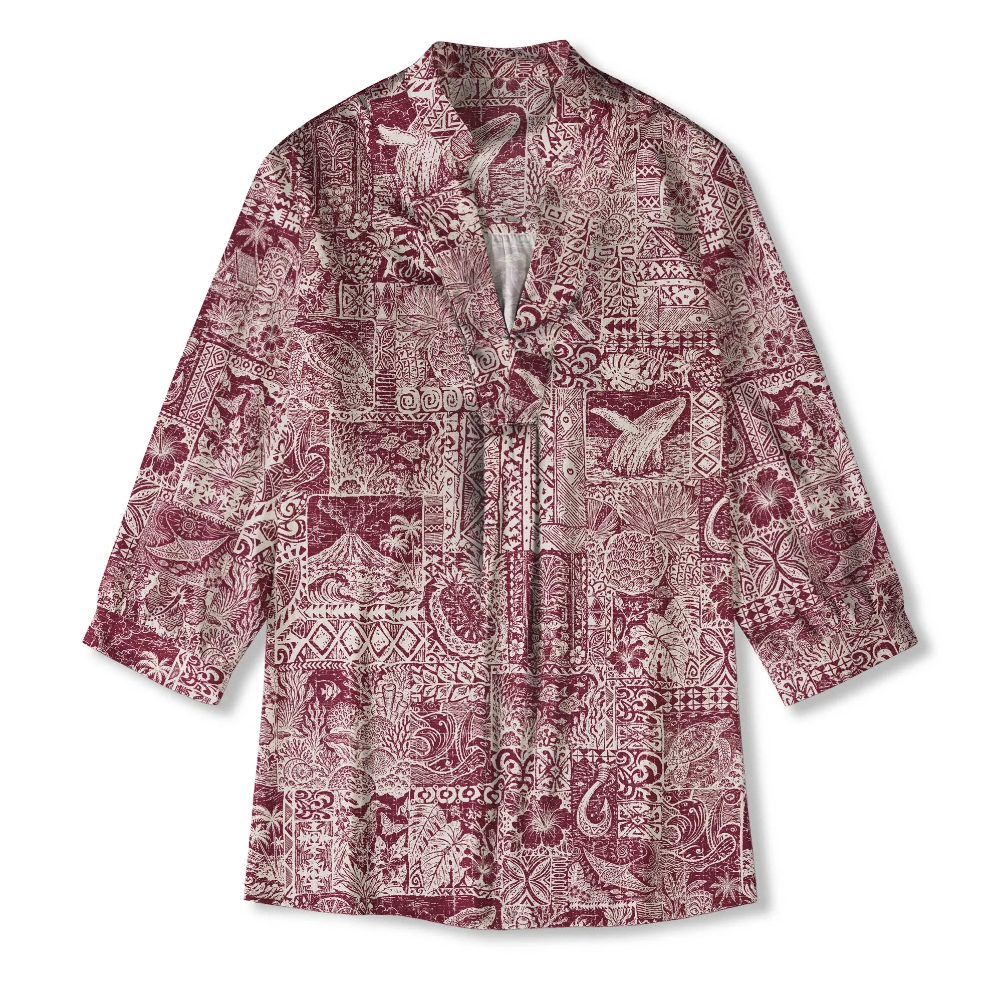 Women's red aloha blouse, v-neck, 3/4 sleeve, Hawaiian style