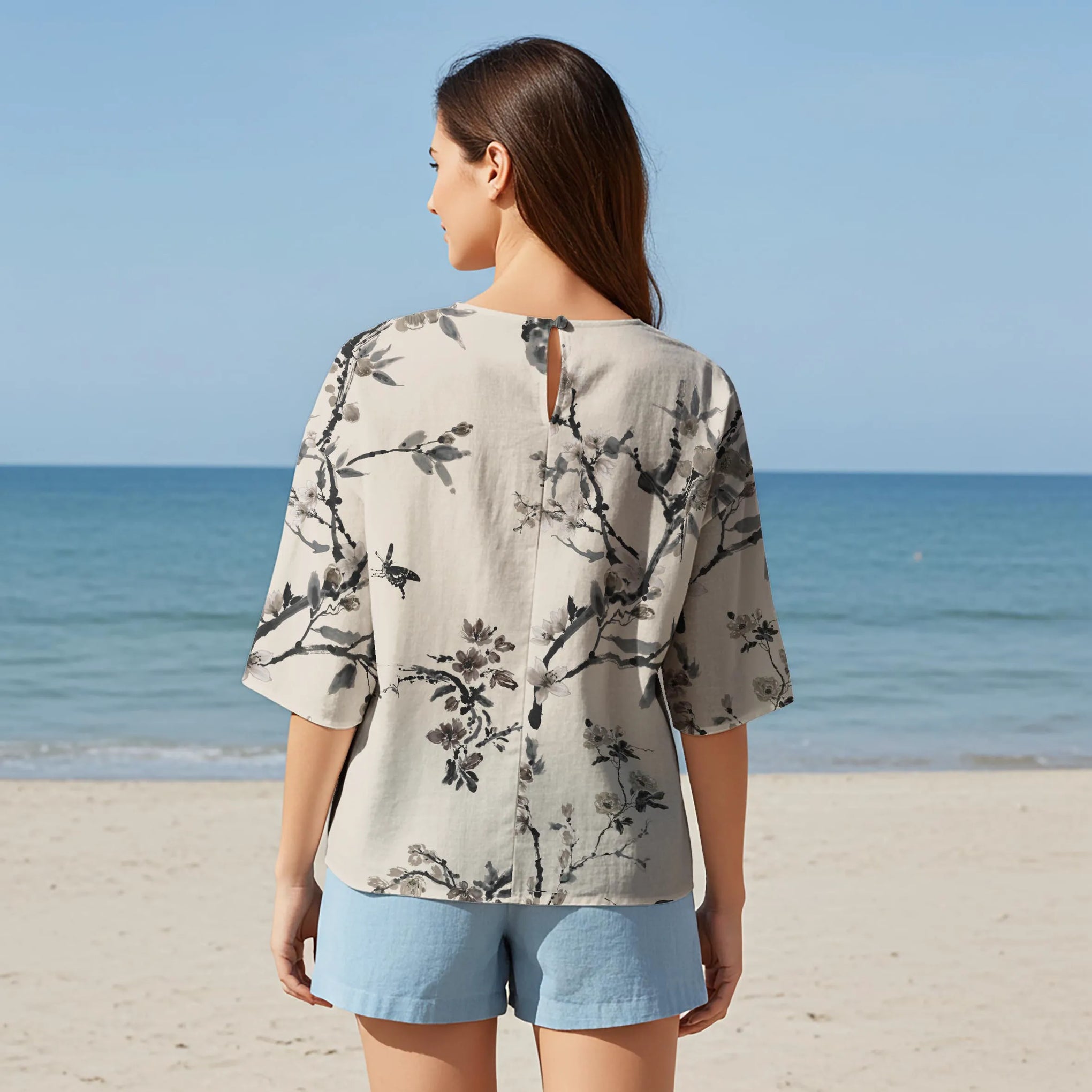 Women Casual Blouse Elbow Sleeve Round Neck Button-Back 95% Lyocell, 5% Linen Gray Aloha Tranquil Ink Floral Art