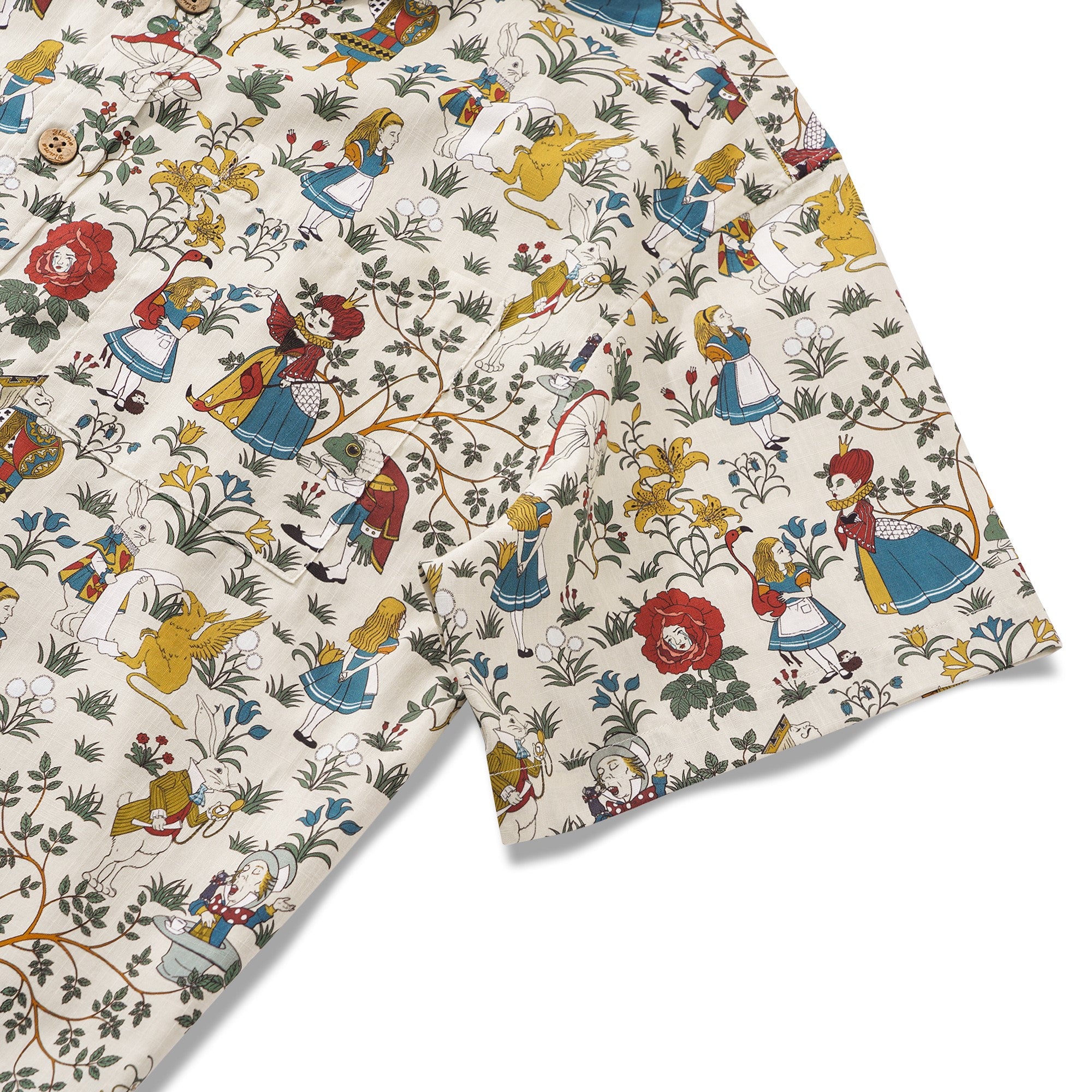 Herren-Hawaiian-Hemd Kurzärmel-Button-Down 100% Baumwoll Beige Aloha Alice's Wunderland