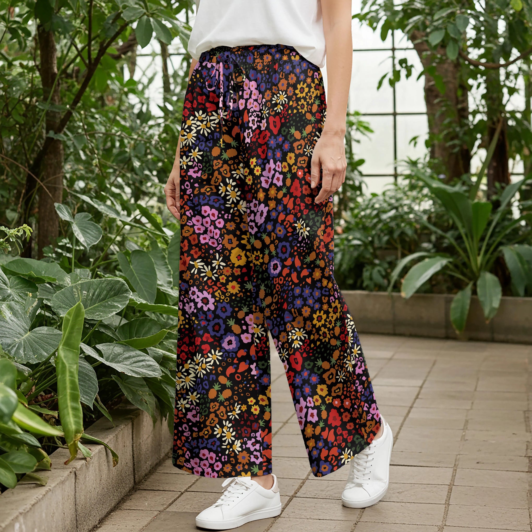 Women Casual Pants Lounge Elastic Waist Drawstring with Pockets 93% Lyocell, 7% Linen Black Aloha Midnight Blossoms