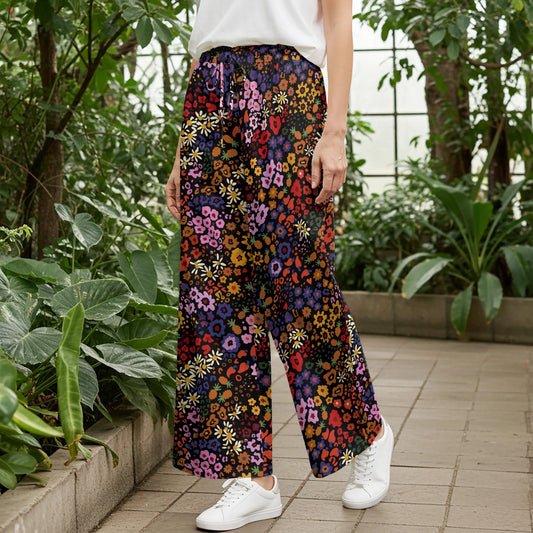 Women Casual Pants Lounge Elastic Waist Drawstring with Pockets 93% Lyocell, 7% Linen Black Aloha Midnight Blossoms