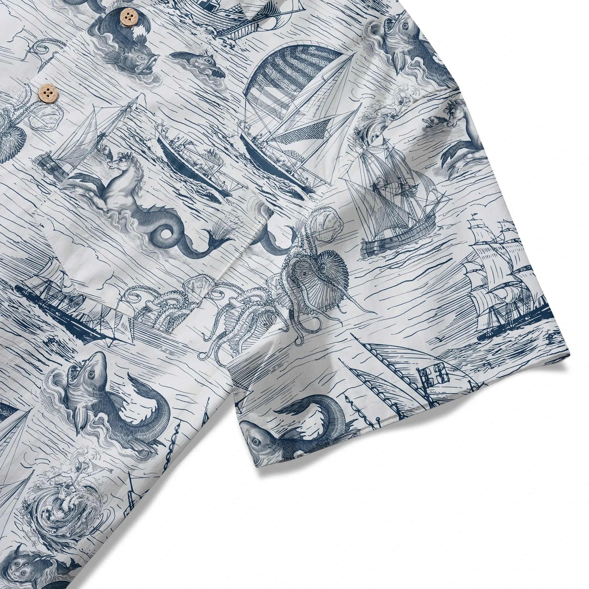 Side view of blue Hawaiian shirt with mythical sea elements