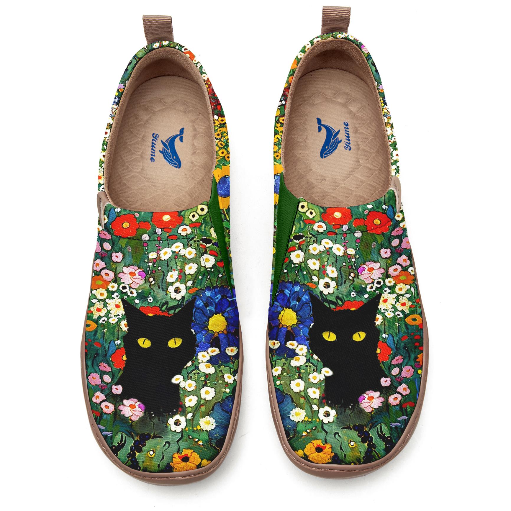 Yiume Frauenkunst Slip-on lässige Schuhe Schwarze Katze Blüte gemalt, 100% Baumwolle