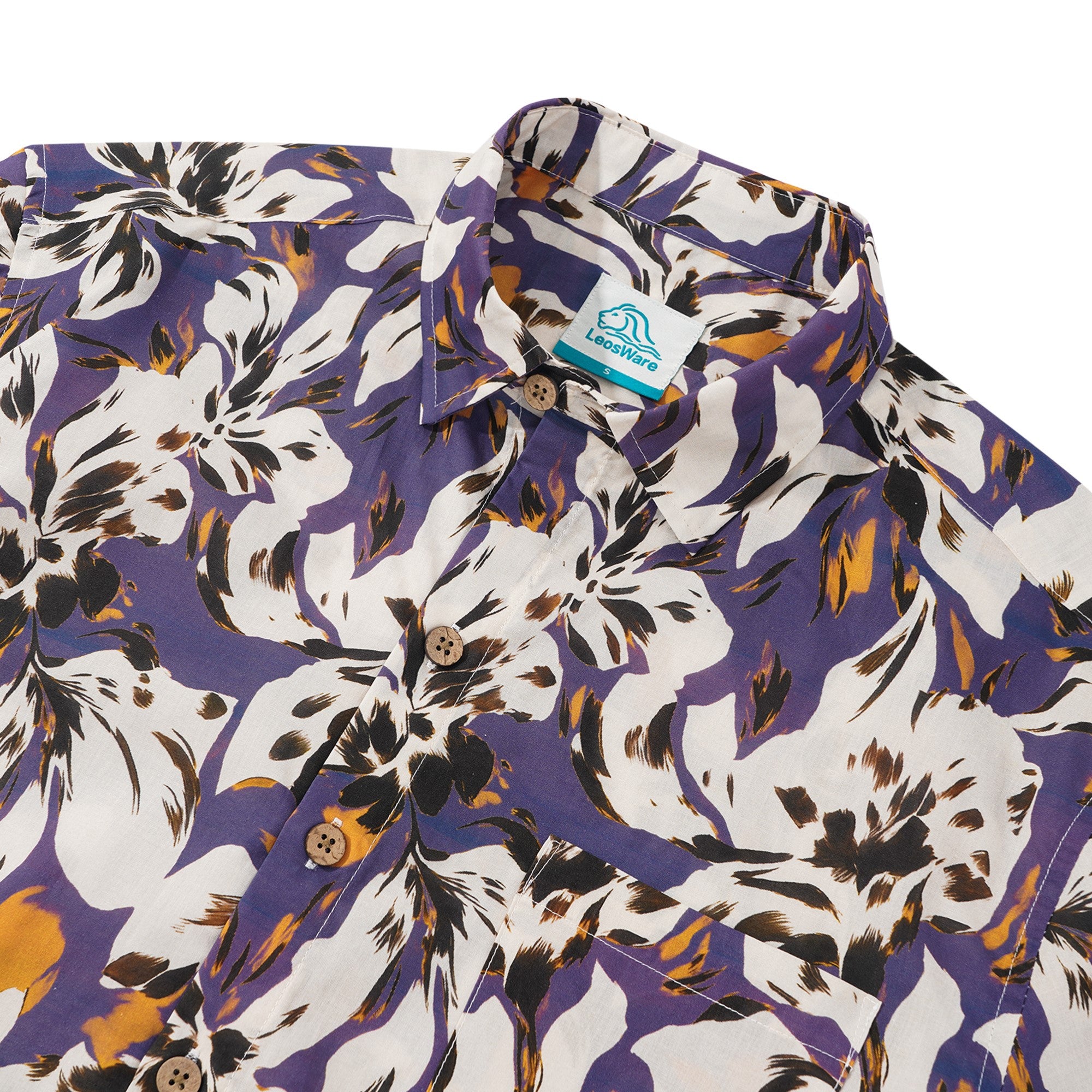 LeosWare® Men's Hawaiian Shirt Short Sleeve Button-up 100% Cotton Blue Aloha Deep Blue, Gold, And White Elegant Floral Impression