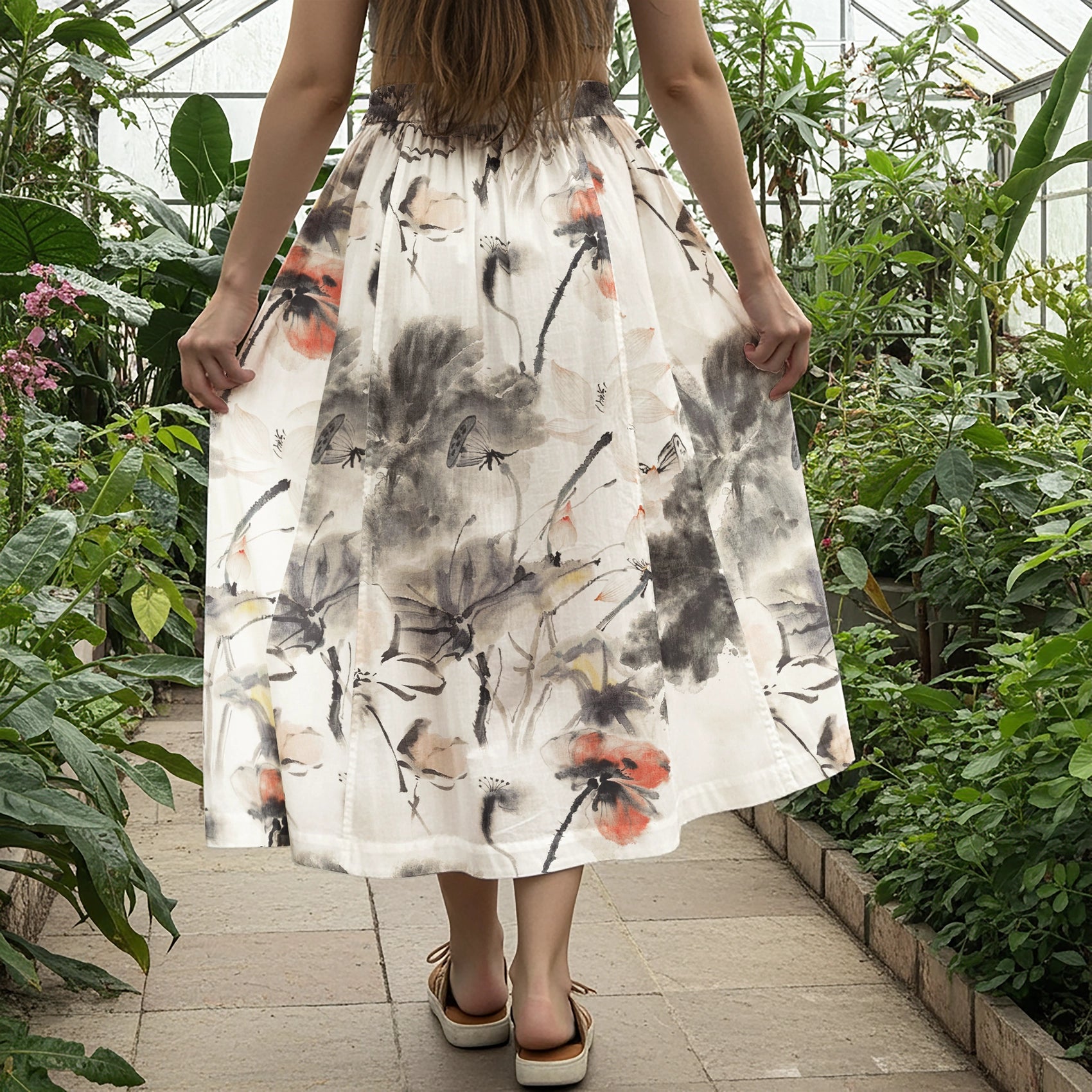 Women Casual Maxi Skirt Long Elastic Waist with Pockets 100% Cotton Gray Aloha Eastern Lotus Elegance