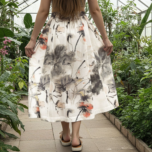 Women Casual Maxi Skirt Long Elastic Waist with Pockets 100% Cotton Gray Aloha Eastern Lotus Elegance