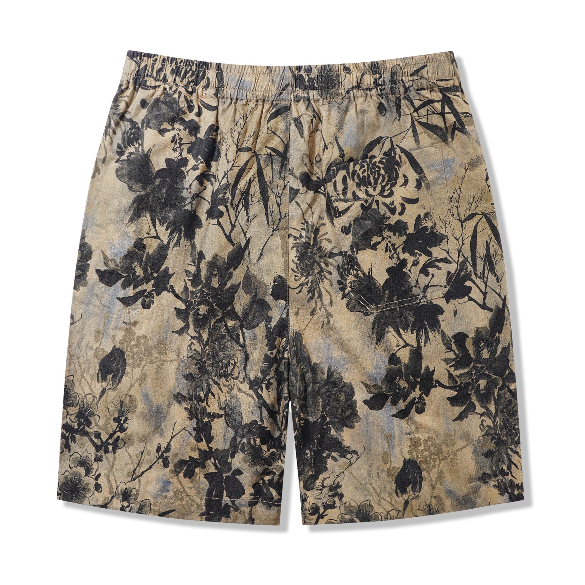 Men's Printed Floral Drawstring Shorts 100% Cotton Brown Aloha Oriental Essence