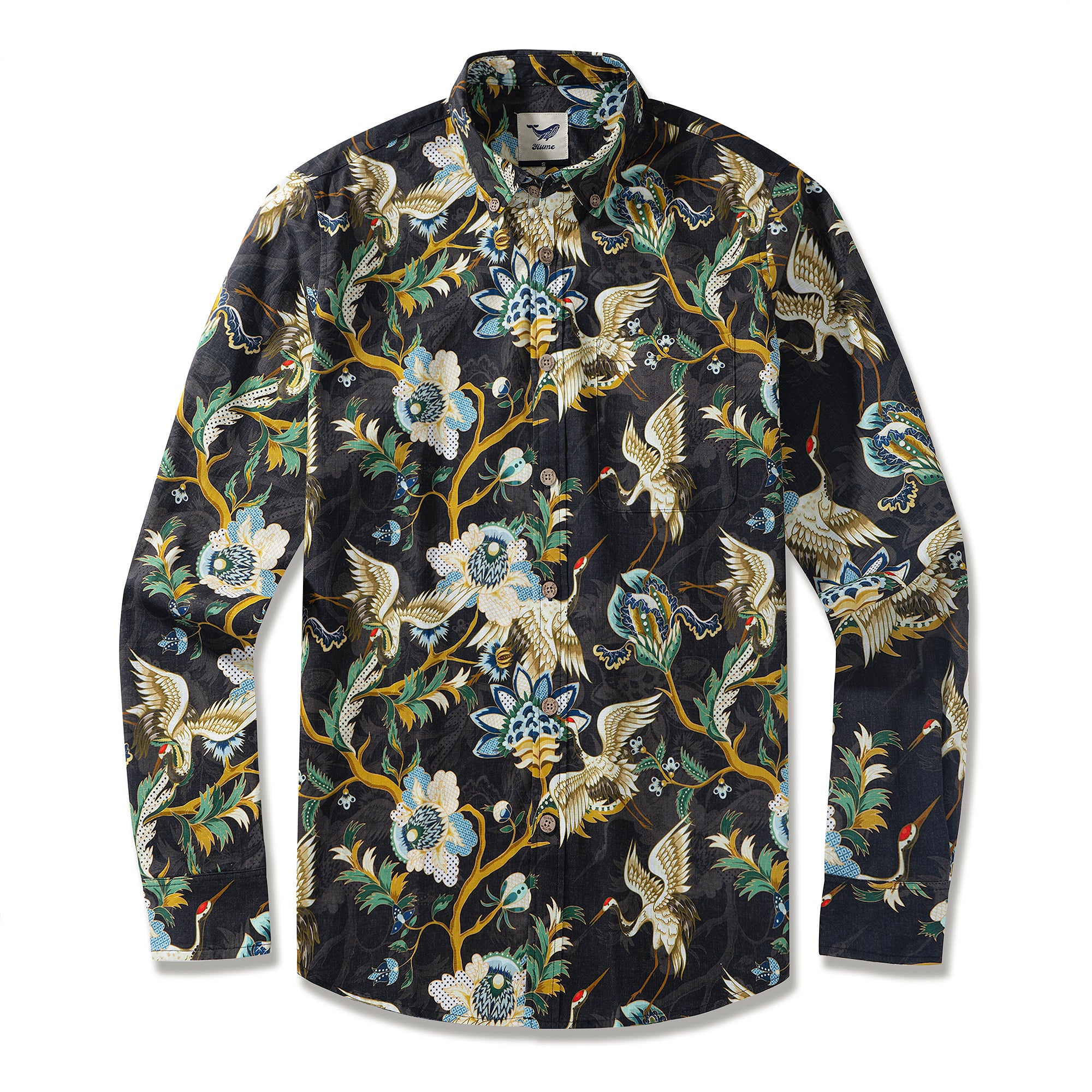 Herren Hawaiian Hemd Crane Eleganz Baumwoll Button Down Long Sleeve Aloha Shirt