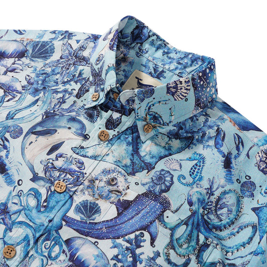Men's Hawaiian Shirt Short Sleeve Button-down 100% Cotton Blue Aloha Watercolor Ocean