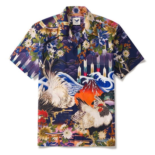 Japanese ukiyo-e rooster wave men's aloha shirt