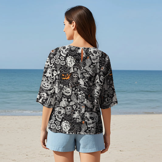 Women Casual Blouse Elbow Sleeve Crew Neck Button-Back 95% Lyocell, 5% Linen Black Aloha Halloween Bash