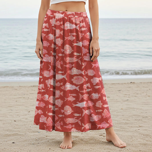 Women Casual Maxi Skirt Long Elastic Waist with Pockets 100% Cotton Red Aloha Red Fish Reverie