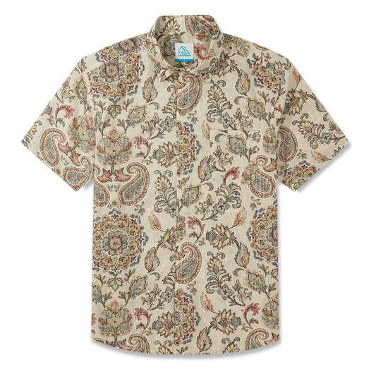 LeosWare® Men's Hawaiian Shirt Short Sleeve Button-up 100% Cotton Brown Aloha Vintage Paisley Accessory Collection