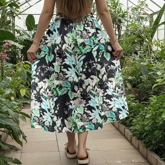 Women Casual Maxi Skirt Long Elastic Waist with Pockets 100% Cotton Green Aloha Night Garden