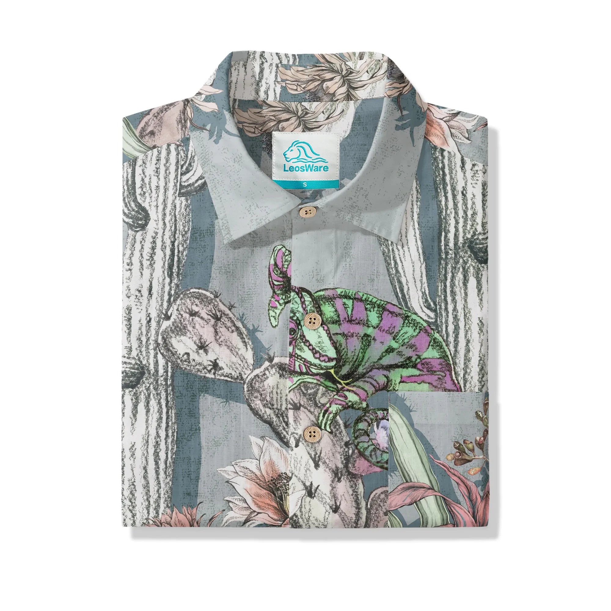 Gray men's shirt with desert print, breathable cotton