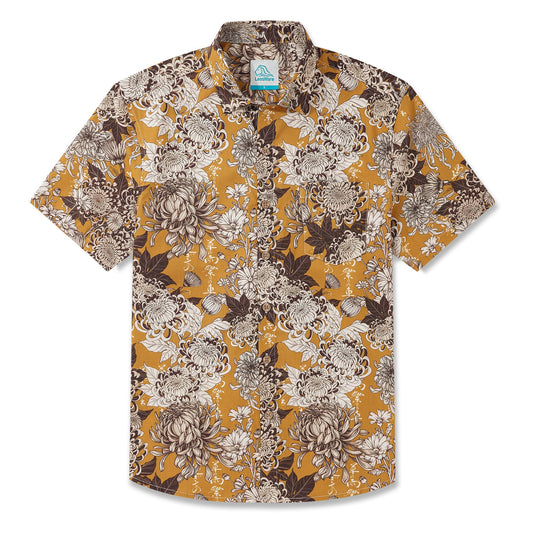 LeosWare® Men's Hawaiian Shirt Short Sleeve Button-up 100% Cotton Yellow Aloha Japanese Vintage Floral Pattern Design