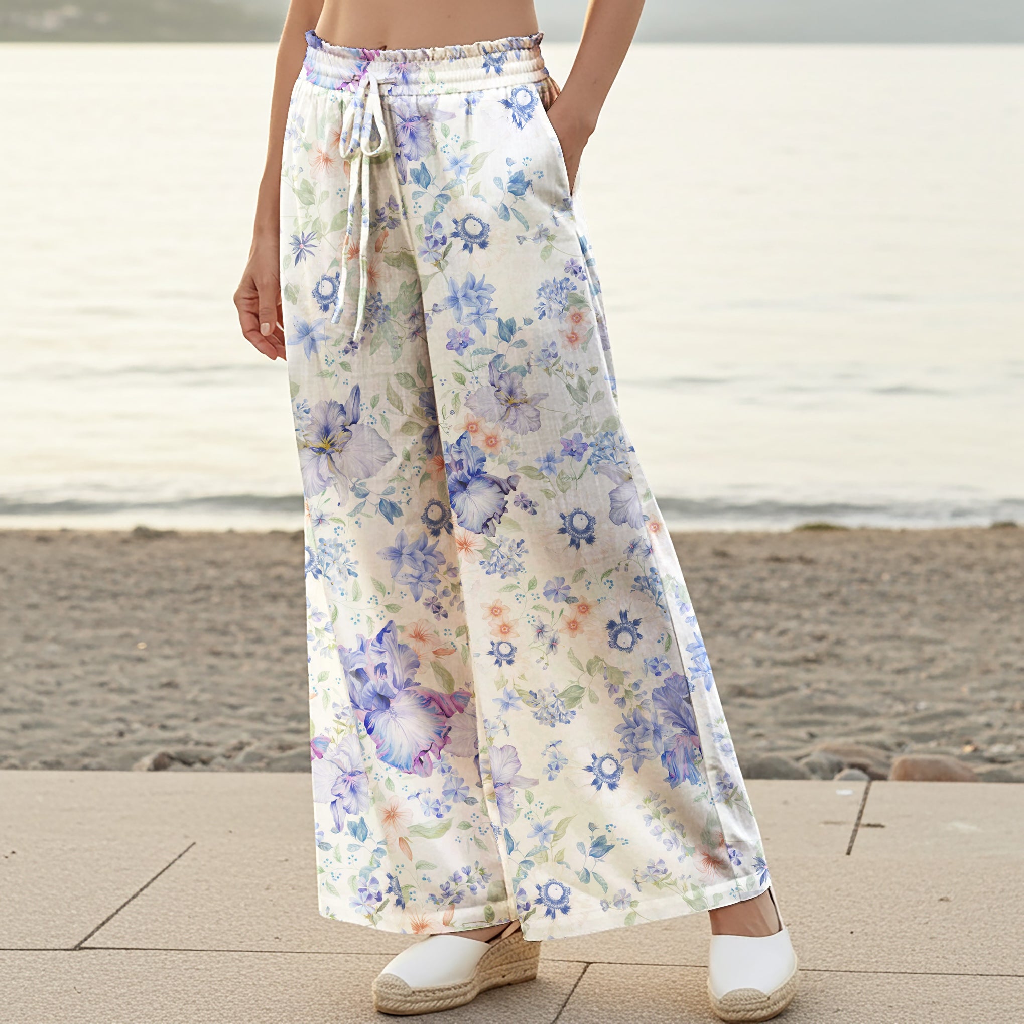 Women Casual Pants Lounge Elastic Waist Drawstring 100% Cotton Blue Aloha Soft Blue Nocturne