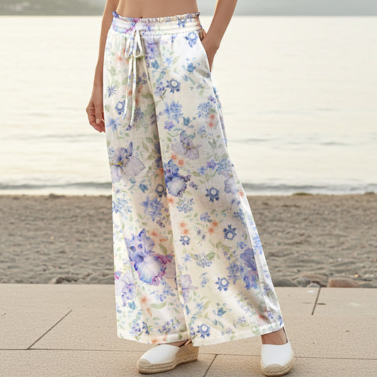 Women Casual Pants Lounge Elastic Waist Drawstring 100% Cotton Blue Aloha Soft Blue Nocturne