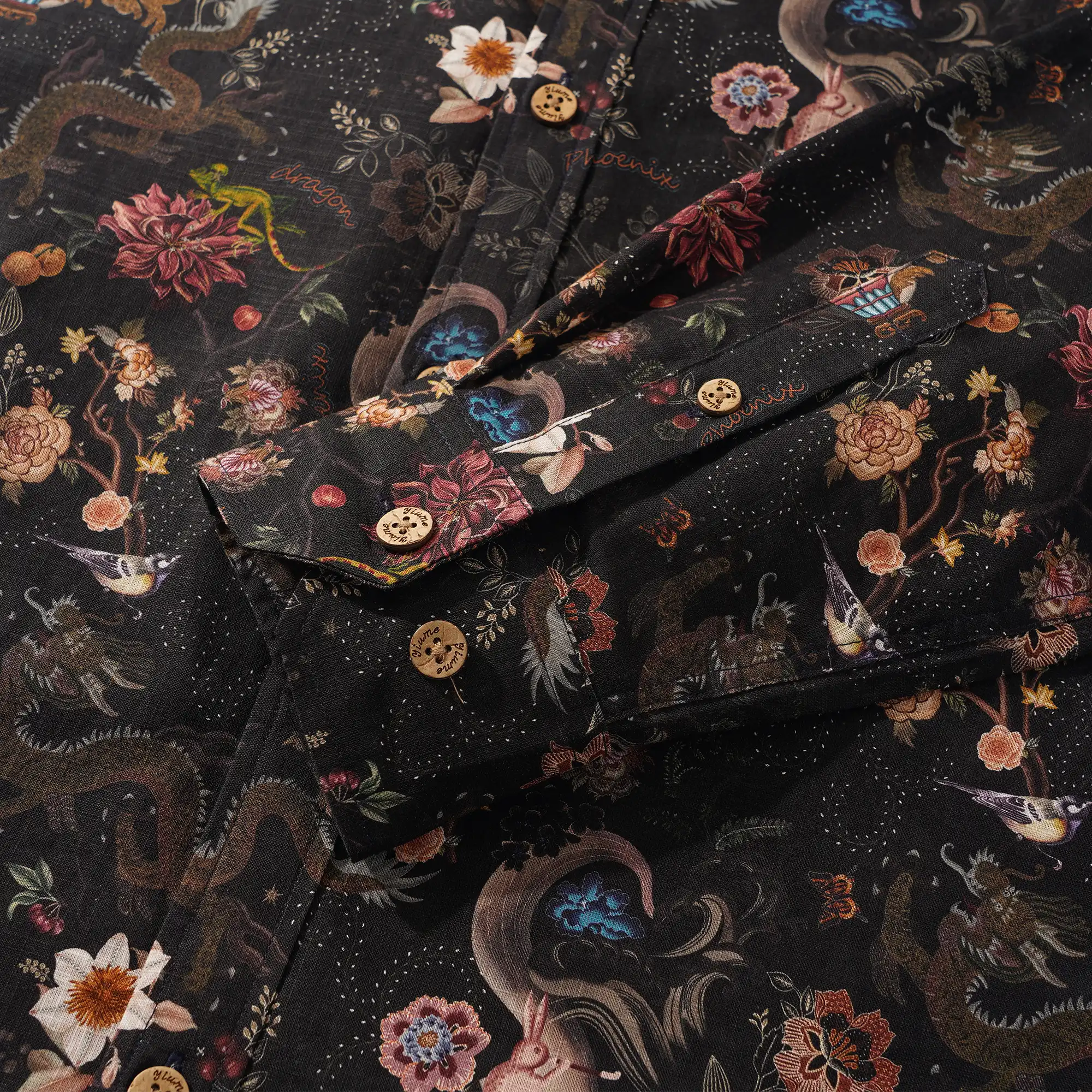 Men's Hawaiian Shirt Long Sleeve Button-down 100% Cotton Black Aloha Ink Charm Eastern Dream