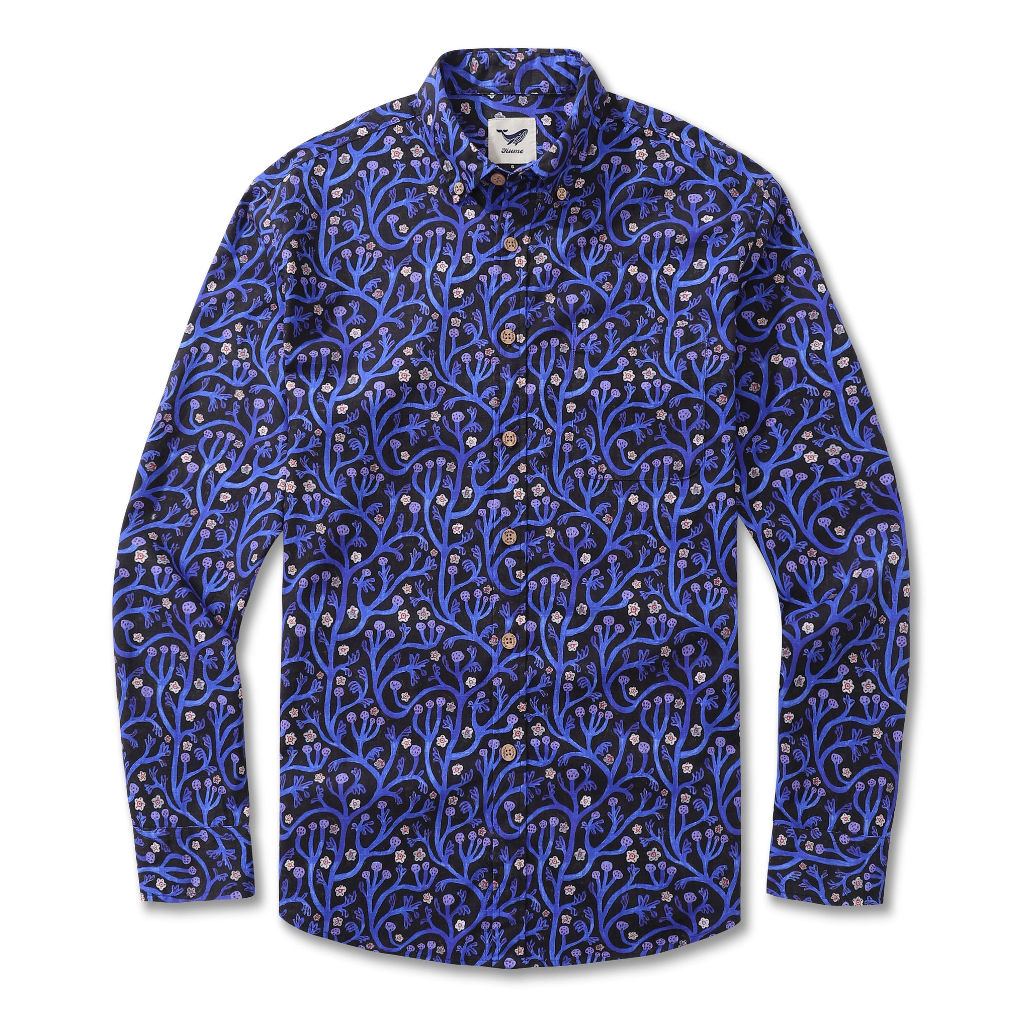 Chemise hawaïenne à manches longues pour hommes Jardin de minuit en coton, chemise Aloha à boutons.