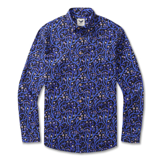Men's Long Sleeve Hawaiian Shirt Midnight Garden Cotton Button-down Aloha Shirt Midnight Garden By Monika Forsberg