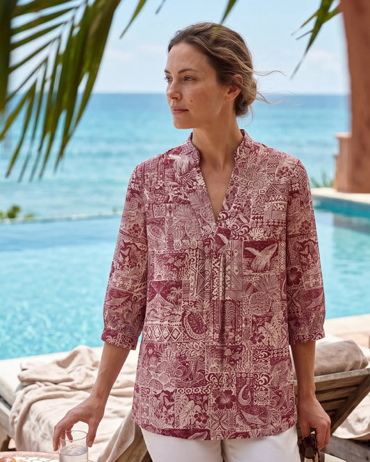 Women's red aloha vintage Hawaiian blouse, 3/4 sleeve, v-neck