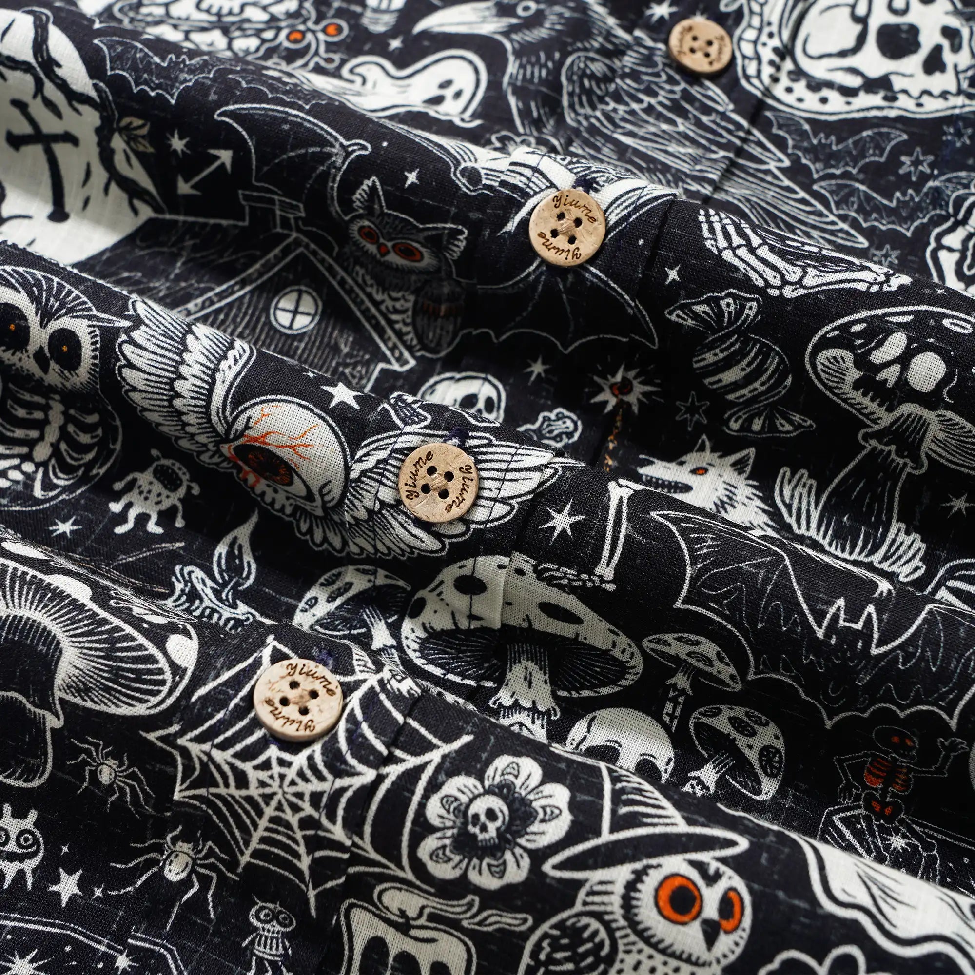 Men's Hawaiian Shirt Long Sleeve Button-down 100% Cotton Black Aloha Halloween Bash