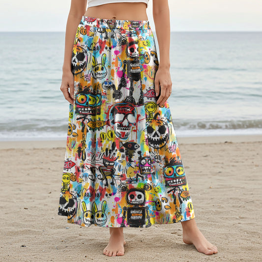 Women Casual Maxi Skirt Long Elastic Waist with Pockets 100% Cotton White Aloha Graffiti Madness Party