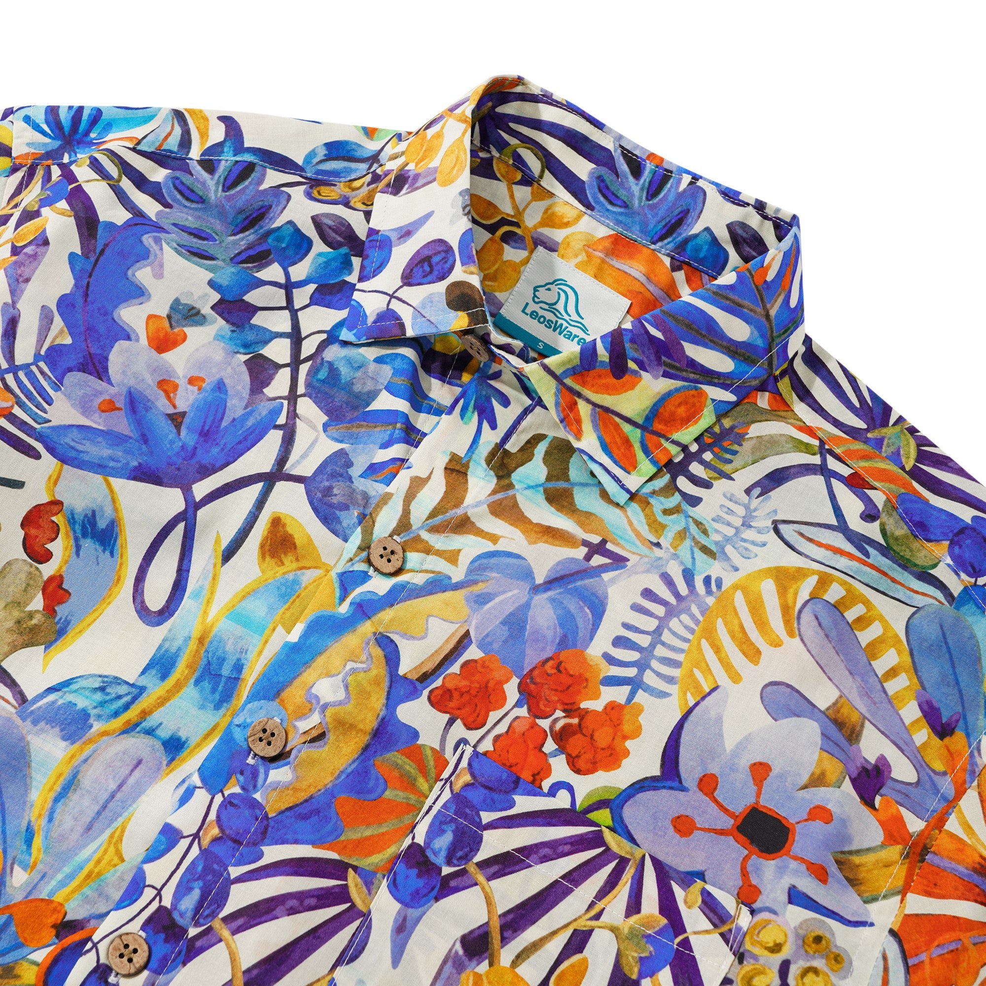 LeosWare® Men's Hawaiian Shirt Short Sleeve Button-up 100% Cotton Blue Aloha Tropical Floral Painting