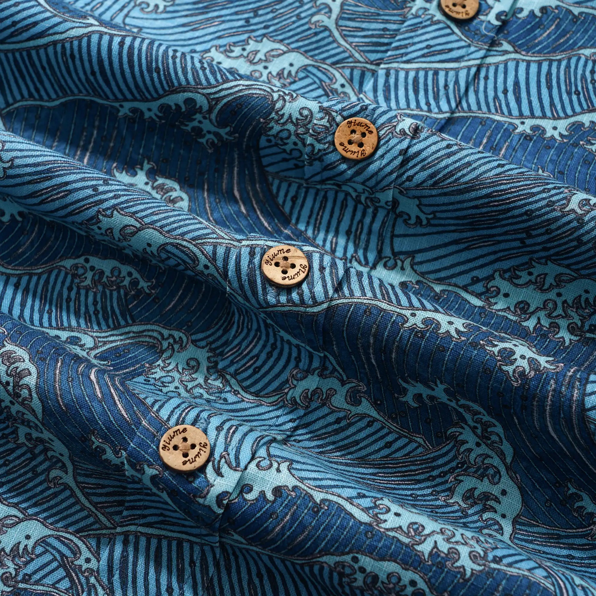 Men's Hawaiian Shirt Long Sleeve Button-down 100% Cotton Blue Aloha Surging Waves Of Ukiyo-e