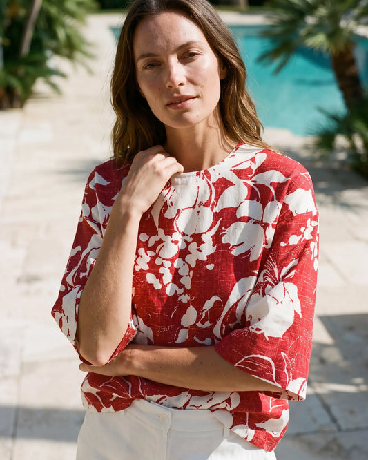Crimson Blossom women's blouse, red floral art shirt, elbow sleeve
