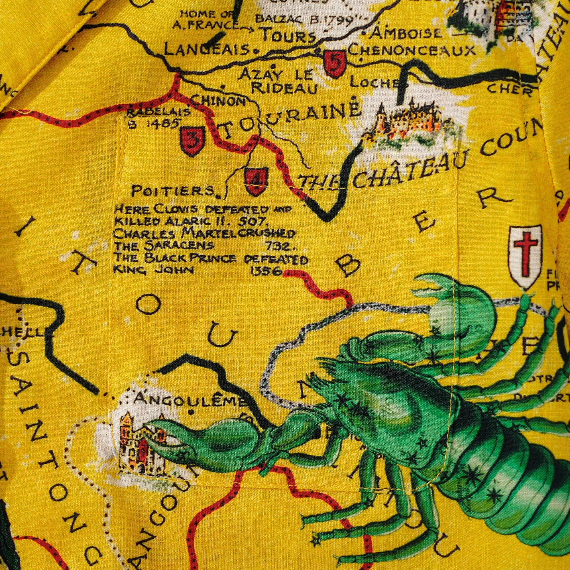 Women's Hawaiian Shirt Short Sleeve Camp Collar 100% Cotton Yellow Aloha Vintage French Map