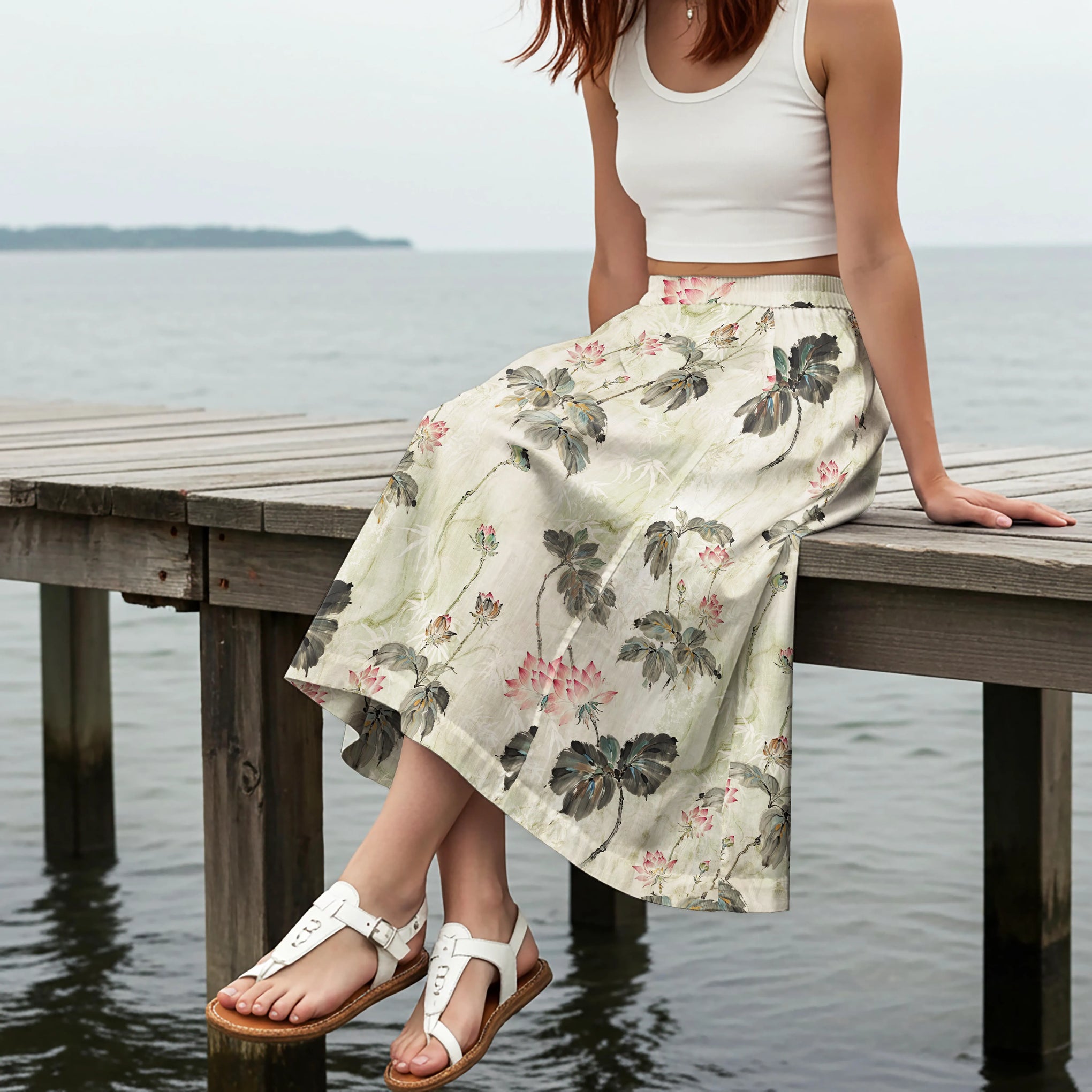 Women Casual Maxi Skirt Long Elastic Waist with Pockets 100% Cotton Green Aloha Lotus Charm