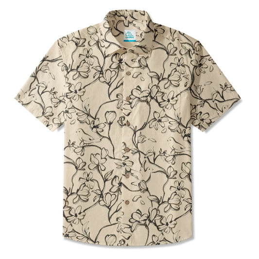 LeosWare® Men's Hawaiian Shirt Short Sleeve Button-up 100% Cotton Beige Aloha Ink Flower And Bird Painting