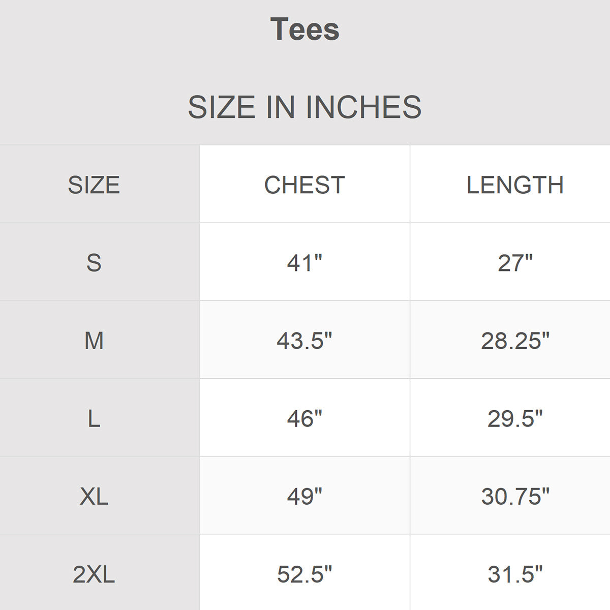 SIZE CHART INCH