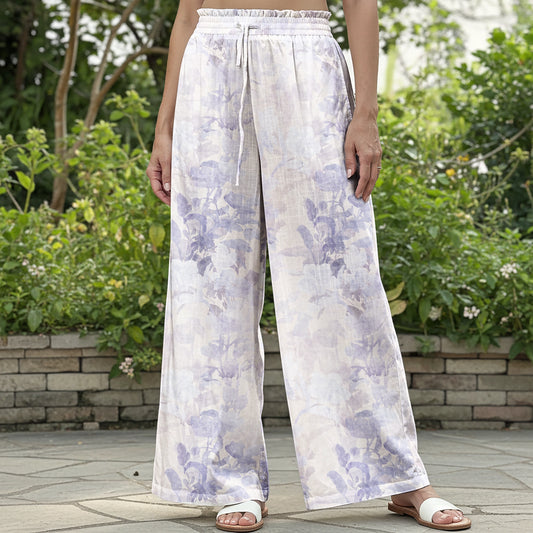 Women Casual Pants Lounge Elastic Waist Drawstring with Pockets 100% Cotton Purple Aloha Soft Haze Blossom
