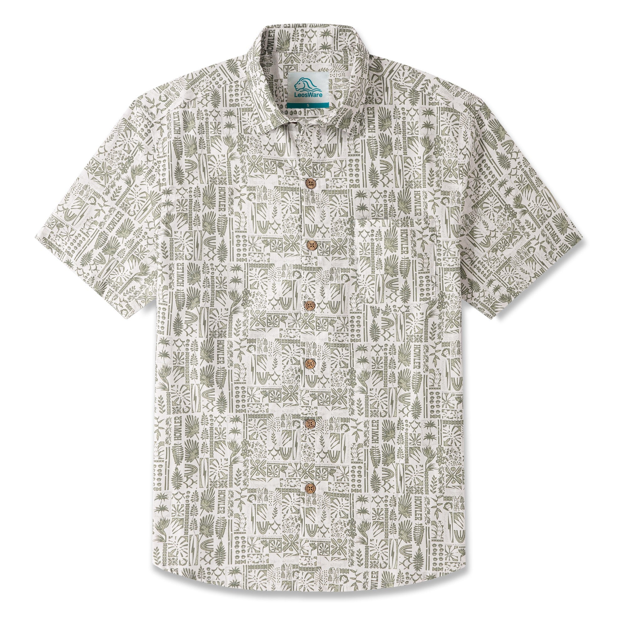 LeosWare® Men's Hawaiian Shirt Short Sleeve Button-up 100% Cotton Green Aloha Fresh Tropical Plant Art Collage Painting