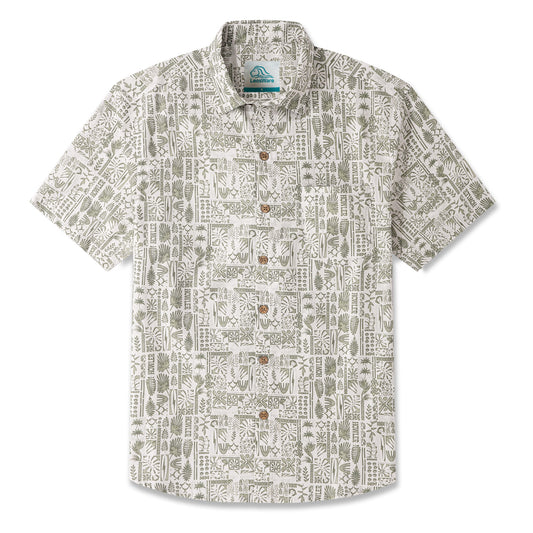 LeosWare® Men's Hawaiian Shirt Short Sleeve Button-up 100% Cotton Green Aloha Fresh Tropical Plant Art Collage Painting