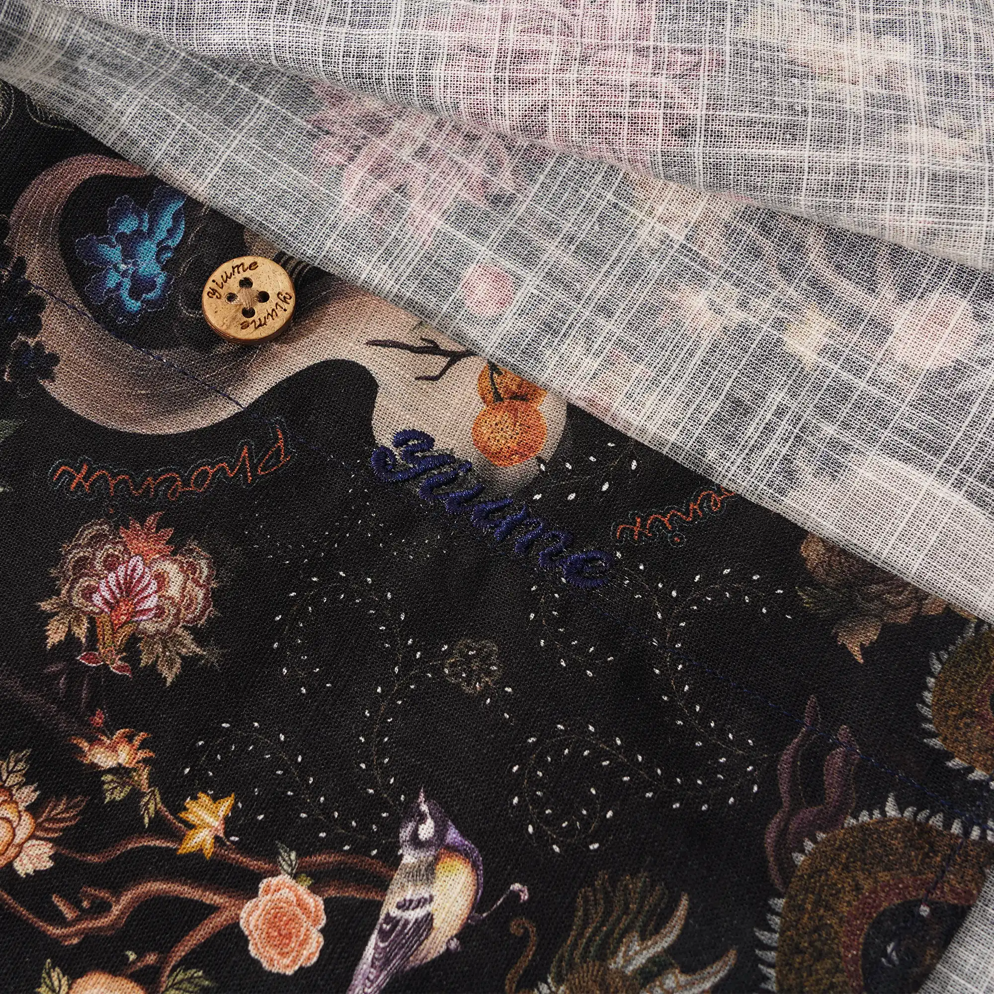 Men's Hawaiian Shirt Long Sleeve Button-down 100% Cotton Black Aloha Ink Charm Eastern Dream