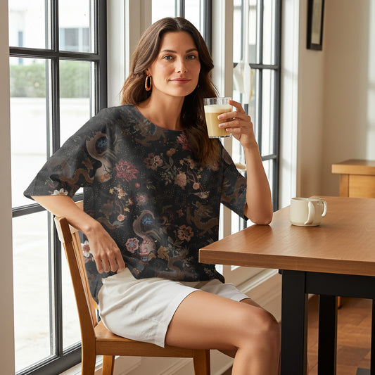 Women Casual Blouse 3/4 Sleeve Round Neck 95% Lyocell, 5% Linen Black Aloha Ink Charm Eastern Dream