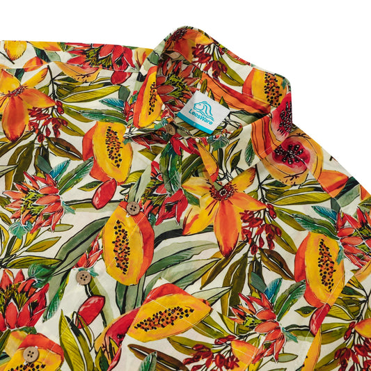 LeosWare® Men's Hawaiian Shirt Short Sleeve Button-up 100% Cotton Orange Aloha Tropical Fruit Bloom Spectacle