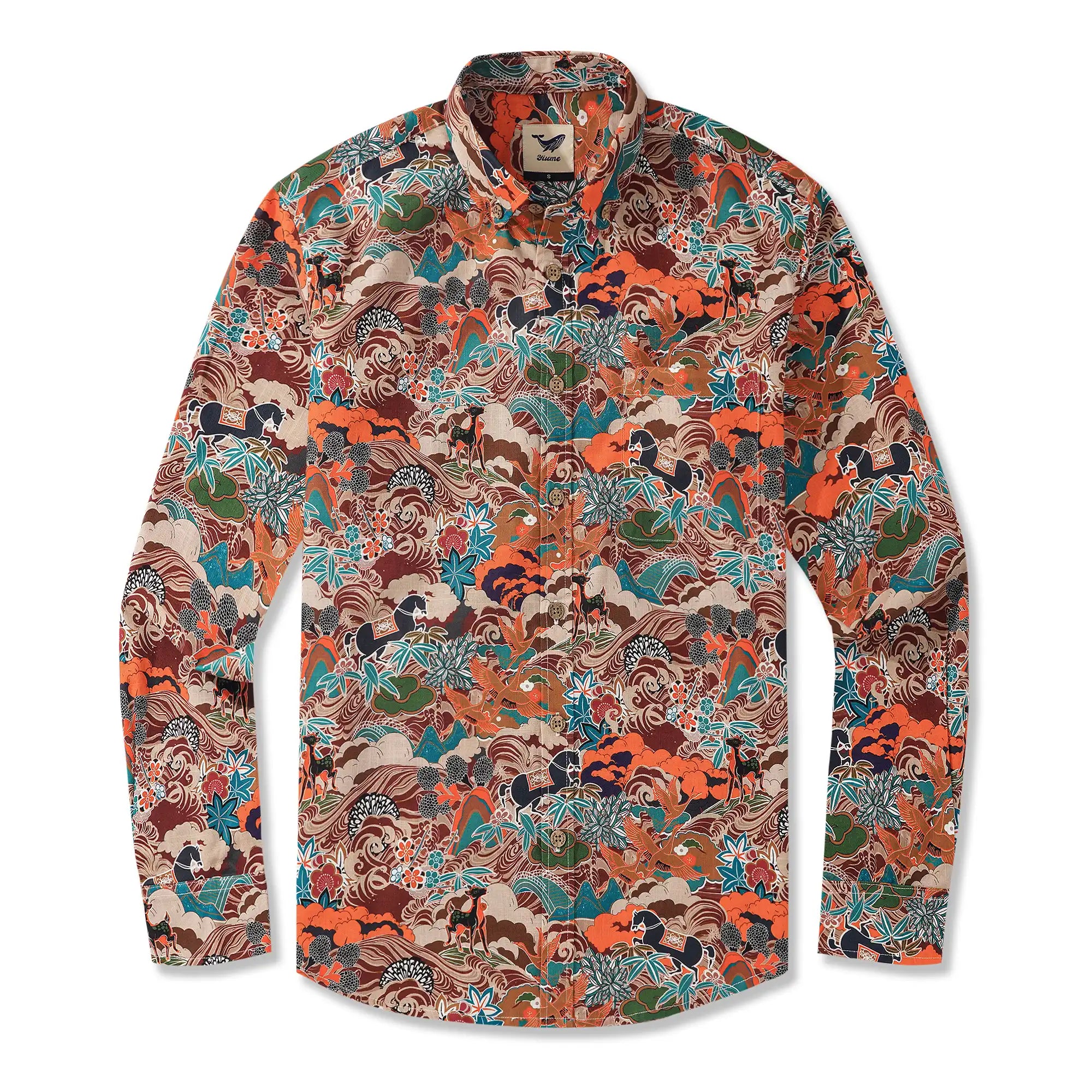 Men's Hawaiian Shirt Long Sleeve Button-down 100% Cotton Brown Aloha Fantasy On The High Seas
