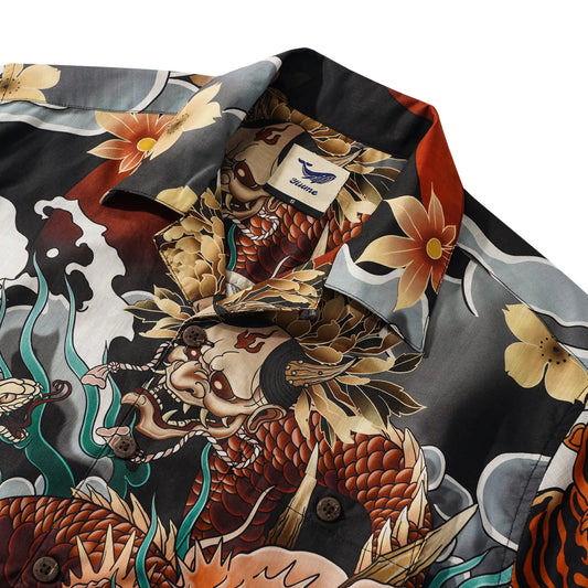 Men's Hawaiian Shirt Short Sleeve Camp Collar 100% Cotton White Aloha Battle Of The Dragons And Tigers