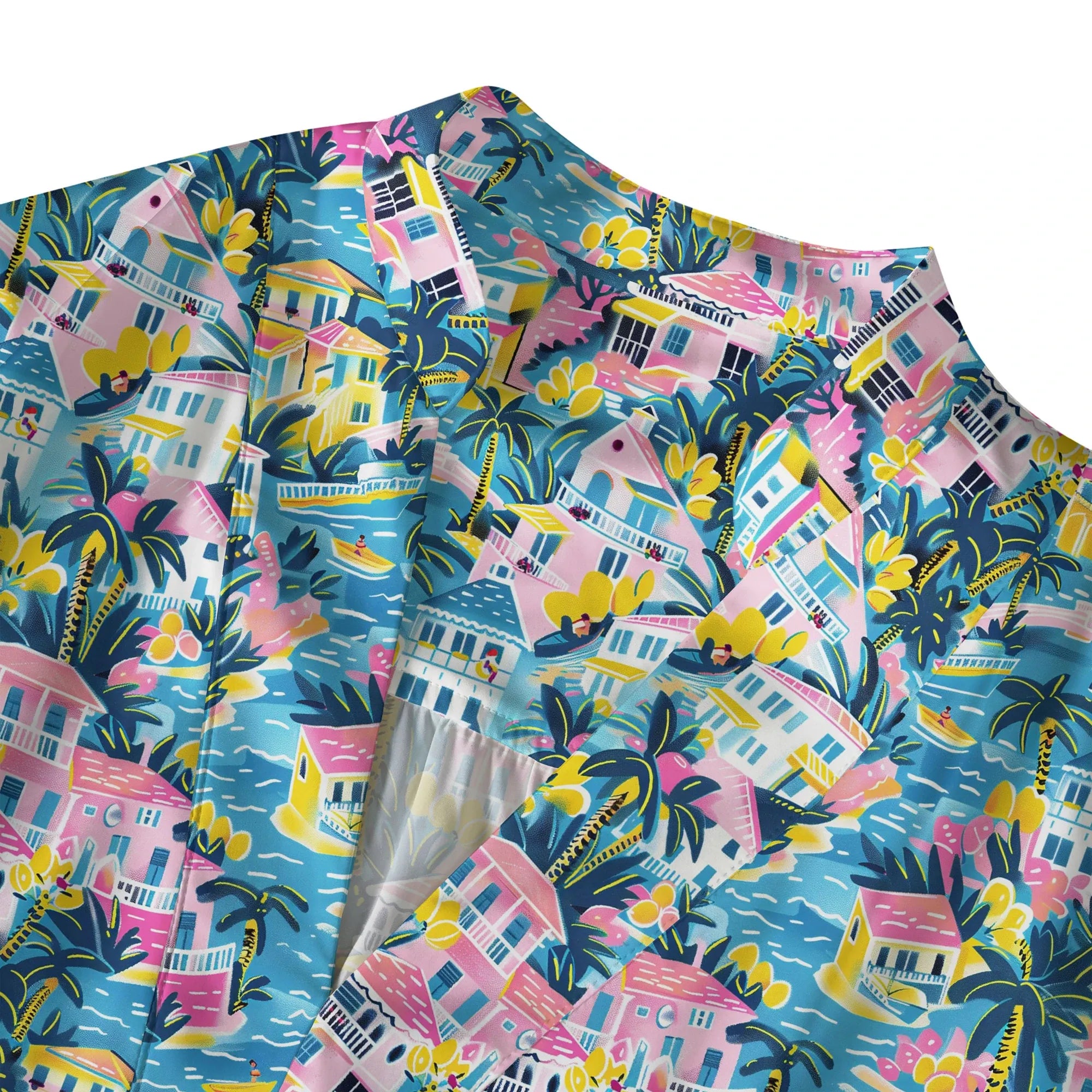 Back view of women's aloha macaron art shirt, tropical print
