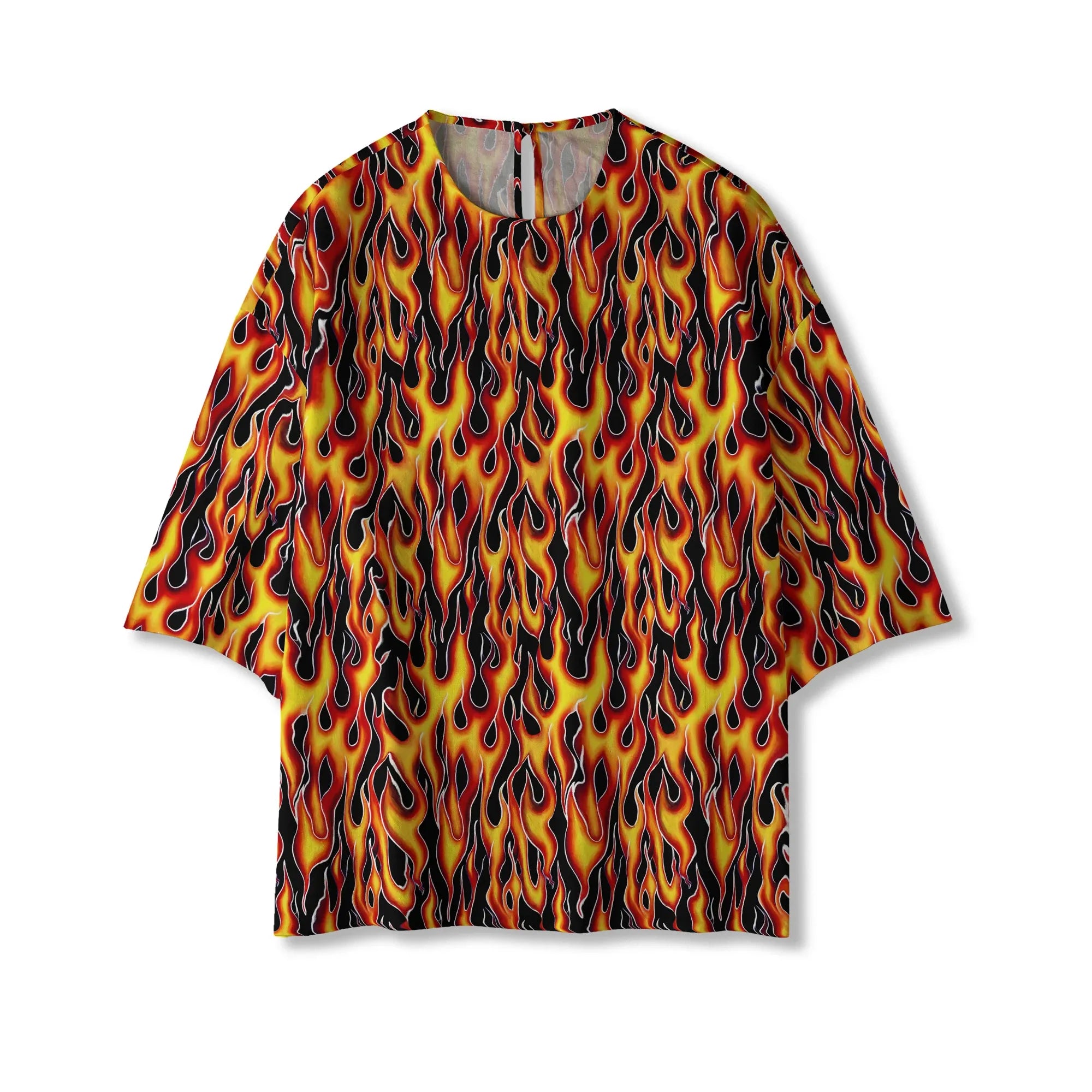 Aloha Flame Surge women's blouse, model wearing, vacation style