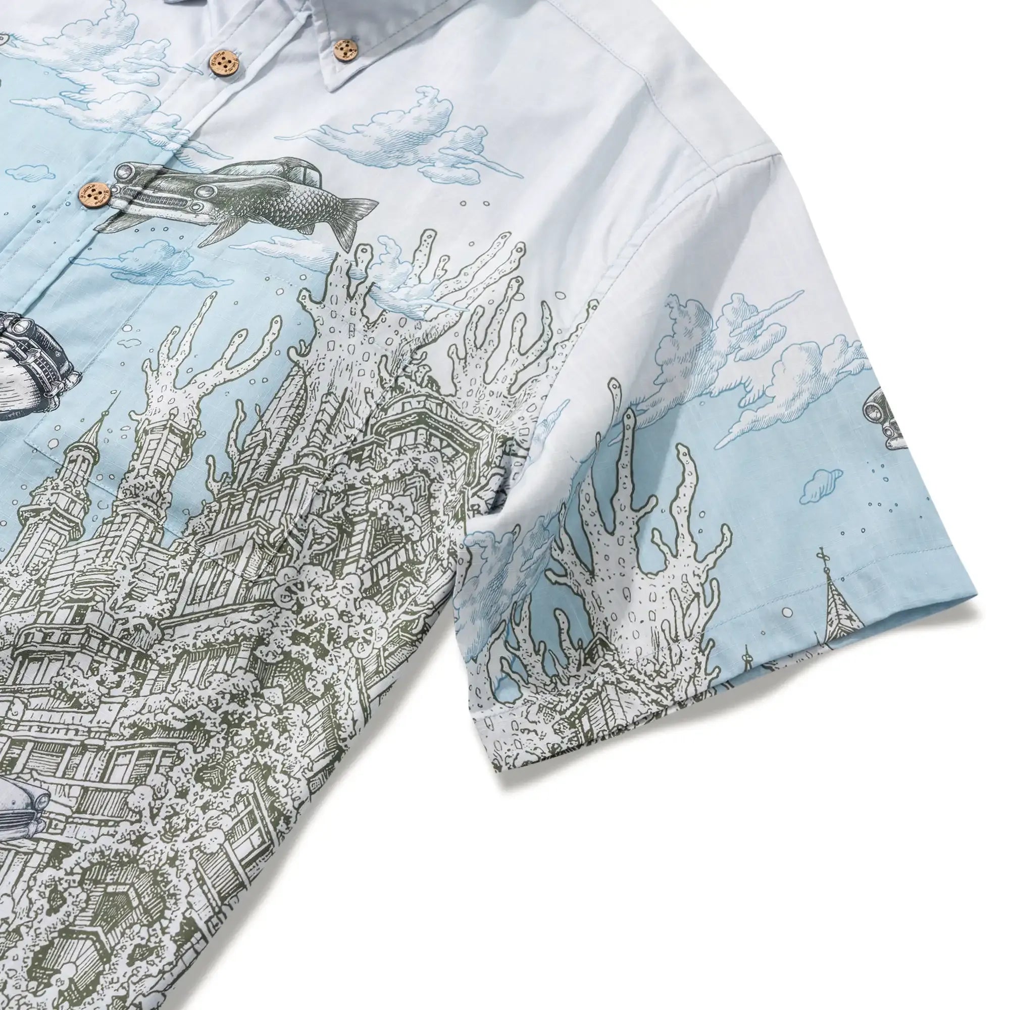 Men's tropical art shirt, blue, short sleeve, cotton