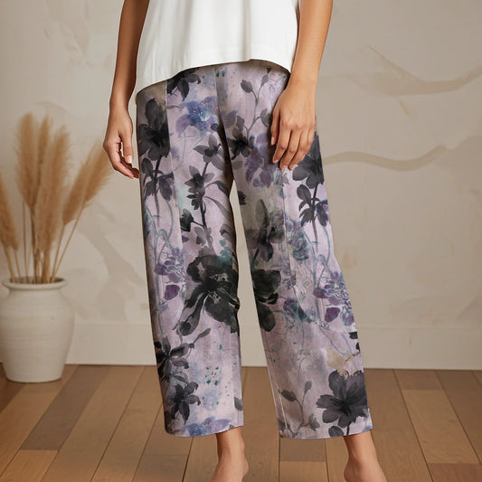 Women Casual Ankle Pants Lounge Elastic Waist with Pockets 93% Lyocell, 7% Linen Purple Aloha Ink Purple Floral Haven