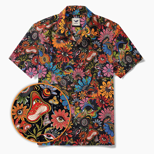 Men's Hawaiian Shirt Short Sleeve Camp Collar 100% Cotton Yellow Aloha Psychedelic Starry Hippie